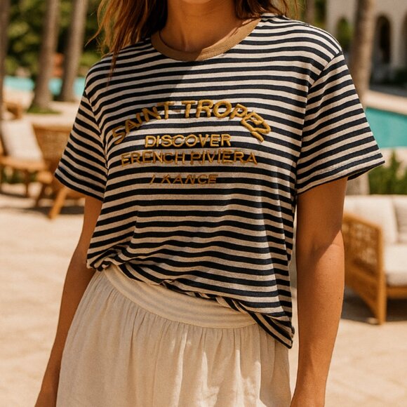 Zara St Tropez Discover the French Riviera Navy Stripe Tee Size S - Picture 1 of 5